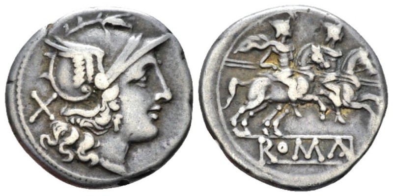Denarius after 211, AR 19mm., 4.00g. Helmeted head of Roma r.; behind, X. Rev. T...