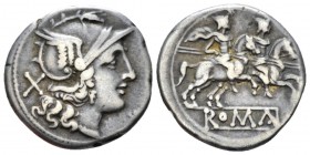 Denarius after 211, AR 19mm., 4.00g. Helmeted head of Roma r.; behind, X. Rev. The Dioscuri galloping r.; below, ROMA in linear frame. Sydenham 311. C...