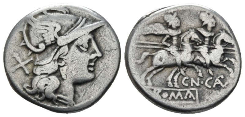 Cn. Calpurnius. Denarius circa 189-180, AR 18mm., 3.59g. Helmeted head of Roma r...