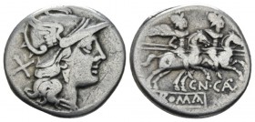Cn. Calpurnius. Denarius circa 189-180, AR 18mm., 3.59g. Helmeted head of Roma r., behind, X. Rev. Dioscuri r.; below, CN CALP; below, ROMA in linear ...