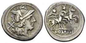 Denarius circa 179-170, AR 20mm., 3.51g. Helmeted head of Roma r.; behind, X. Rev. The Dioscuri galloping r.; below, ROMA in partial tablet. Sydenham ...