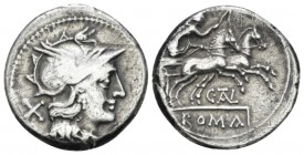 C. Tal. Denarius circa 154, AR 18.5mm., 3.63g. Helmeted head of Roma r.; behind, X. Rev. Victory in prancing r.; below, C·TAL ligate and ROMA in table...