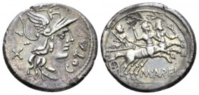 M. Aurelius Cotta Denarius 140, AR 19.5mm., 3.98g. Helmeted head of Roma right with pendant necklace; behind, X and before, COTA. Rev. Hercules in big...