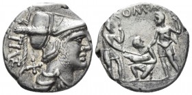 T. Veturius. Denarius 137, AR 18.5mm., 3.87g. TI ·VET ligate Helmeted and draped bust of Mars r.; behind neck, X. Rev. Oath-taking scene: youth kneeli...