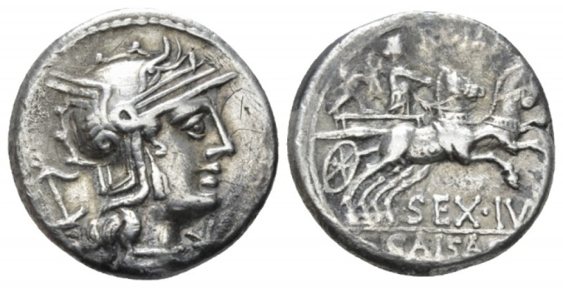 Sex. Iulius Caesar. Denarius 129, AR 17mm., 3.72g. Helmeted head of Roma r.; beh...