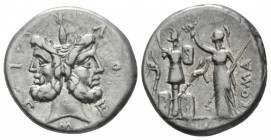 M. Furius L.f. Philus. Denarius 121, AR 18.5mm., 3.86g. M·FOVRI·L·F Laureate head of Janus. Rev. Roma standing l., wearing Corinthian helmet and holdi...