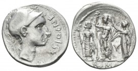 Cn. Blasio Cn. f. Denarius 112 or 111, AR 20mm., 3.19g. Helmeted head of Mars r.; below, CN·BLASIO·CN·FS. Behind head, acrostolium. Rev. Jupiter stand...