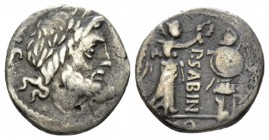 P. Vettius Sabinus. Quinarius 99, AR 14mm., 1.66g. Laureate head of Jupiter r.; behind, control letter. Rev. Victory r., crowning trophy; between, P S...