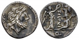 T. Cloulius. Quinarius 98, AR 15.5mm., 1.89g. Laureate head of Jupiter r.; behind, X and above pellet. Rev. Victory standing r., crowning trophy; befo...