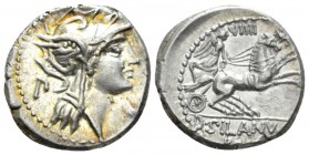 D. Iunius Silanus L.f. Denarius circa 91, AR 18mm., 4.03g. Helmeted head of Roma r.; behind N. Rev. Victory in biga r., holding palm-branch and reins ...