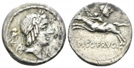 L. Piso Frugi. Denarius 90, AR 19mm., 3.79g. Laureate head of Apollo r.; behind, owl. Rev. Horseman galloping l./no Roma monogram, holding palm branch...