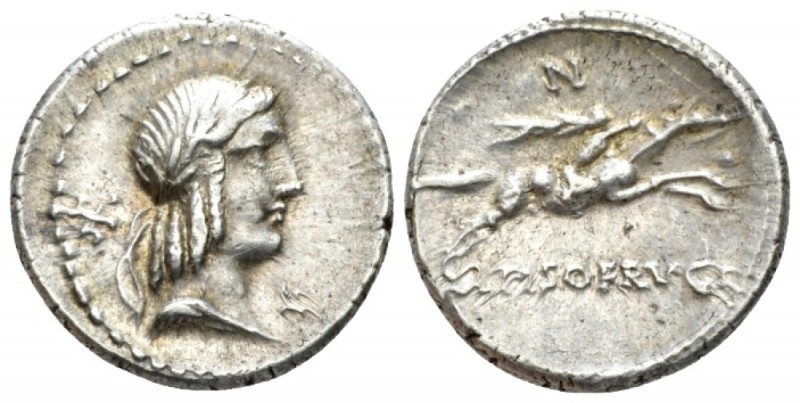 L. Calpurnius Piso Frugi. Denarius 90, AR 19mm., 3.95g. Laureate head of Apollo ...