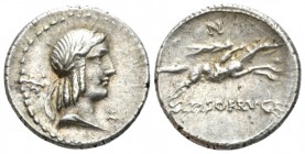 L. Calpurnius Piso Frugi. Denarius 90, AR 19mm., 3.95g. Laureate head of Apollo r.; behind, * and below chin, L. Rev. Horseman galloping r., holding w...