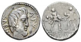 L. Tituri L.f. Sabinus. Denarius 89, AR 18mm., 3.63g. SABIN – A·PV Head of King Tatius r.; below chin, palm. Rev. Tarpeia stands facing between two so...