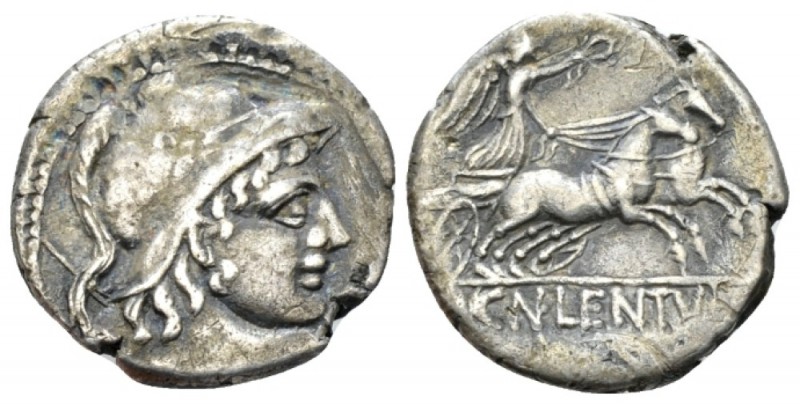 Cn. Cornelius Lentulus. Denarius 88, AR 19mm., 3.57g. Helmeted bust of Mars r., ...