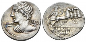 C. Licinius L.f. Macer. Denarius 84, AR 19.5mm., 3.71g. Bust of Apollo seen from behind, with head turned l, holding thunderbolt in r. hand. Rev. Mine...