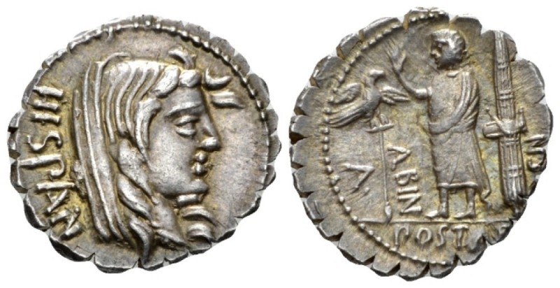 A. Postumius Albinus. Denarius serratus 81, AR 20.5mm., 4.00g. HISPAN Veiled hea...