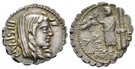 A. Postumius Albinus. Denarius serratus 81, AR 20.5mm., 4.00g. HISPAN Veiled head of Hispania r. Rev. A – POST·A·F – ·S·N – ALBIN Togate figure standi...