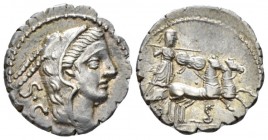 L. Procilius. Denarius serratus 80, AR 18.5mm., 3.81g. Head of Juno Sospita r.; behind, S·C. Rev. Juno Sospita in prancing biga r., holding shield and...