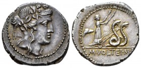 M. Volteius M.f. Denarius 78, AR 20mm., 4.27g. Head of Liber r., wearing ivy-wreath. Rev. Ceres in biga of snakes r., holding torch in each hand; behi...