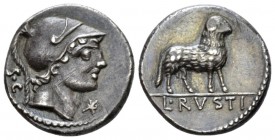 L. Rustius. Denarius 76, AR 17.5mm., 3.89g. Helmeted head of Minerva r.; behind, S C; before, *. Rev. Ram r.; in exergue, L RVSTI. Babelon Rustia 1. S...