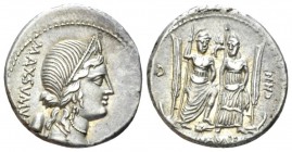 C. Egnatius Cn. f. Cn. n. Maxumus. Denarius 75, AR 18mm., 3.85g. MAXSVMVS Laureate and diademed bust of Libertas r.; behind, pileus. Rev. V – CNN Roma...