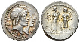 Q. Fufius Calenus and Mucius Cordus. Denarius serratus 70, AR 20mm., 4.03g. Jugate heads of Honos and Virtus r.; in l. field, HO and in r. field, VIRT...