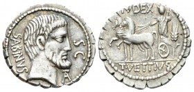 T. Vettius Sabinus. Denarius serratus 70, AR 20mm., 3.79g. Bearded head of King Tatius r.; below chin, TA ligate and behind, SABINVS. In r. field, S·C...
