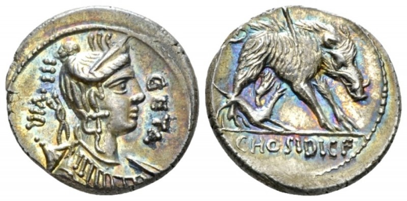 C. Hosidius C.f. Geta. Denarius 68, AR 18mm., 3.98g. III·VIR – GETA Diademed and...