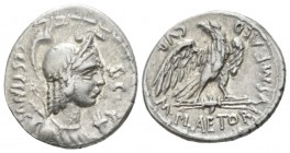 M. Plaetorius M.f. Caestianus. Denarius 67, AR 18.5mm., 3.74g. Bust r. with the attributes of Isis, Minerva, Apollo, Diana and Victory; before, cornuc...