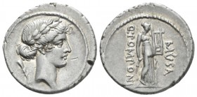 Q. Pomponius Musa. Denarius circa 66, AR 19.3mm., 3.78g. Laureate head of Apollo r.; behind, flower. Rev. Q·POMPONI – MVSA Terpsichore standing r., ho...