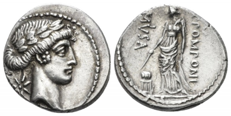 Q. Pomponius Musa. Denarius 66, AR 18.5mm., 4.06g. Laureate head of Apollo r.; b...