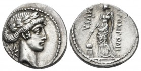 Q. Pomponius Musa. Denarius 66, AR 18.5mm., 4.06g. Laureate head of Apollo r.; behind, star. Rev. Q·POMPONI – MVSA Urania standing l., holding rod whi...