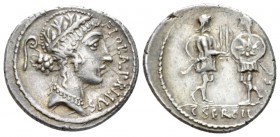 C. Servilius C.f. Denarius 57, AR 18.5mm., 3.70g. FLORAL·PRIMVS Wreathed head of Flora r.; in l. field, lituus. Rev. Two soldiers facing each other an...