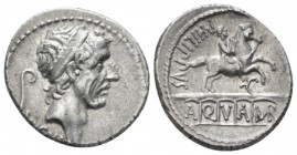 Denarius 56, AR 18.5mm., 3.65g. Diademed head of Ancus Marcius r.; behind, lituus and below, ANCVS. Rev. PHILIPPVS Equestrian statue standing on aqued...