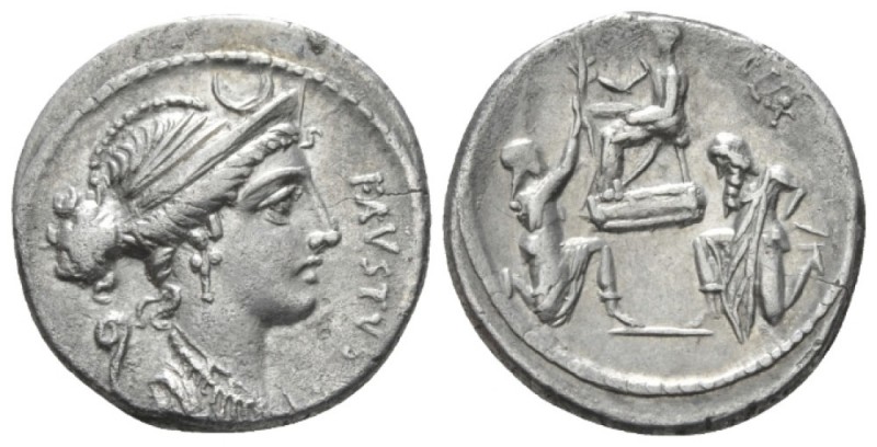 Faustus Cornelius Sulla. Denarius 56, AR 19mm., 3.53g. FAVSTVS Diademed and drap...