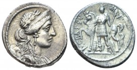 P. Licinius Crassus. Denarius 55, AR 18.5mm., 4.05g. Laureate, diademed and draped bust of Venus r.; behind, S·C. Rev. P·CRASSVS· – M·F Female figure ...