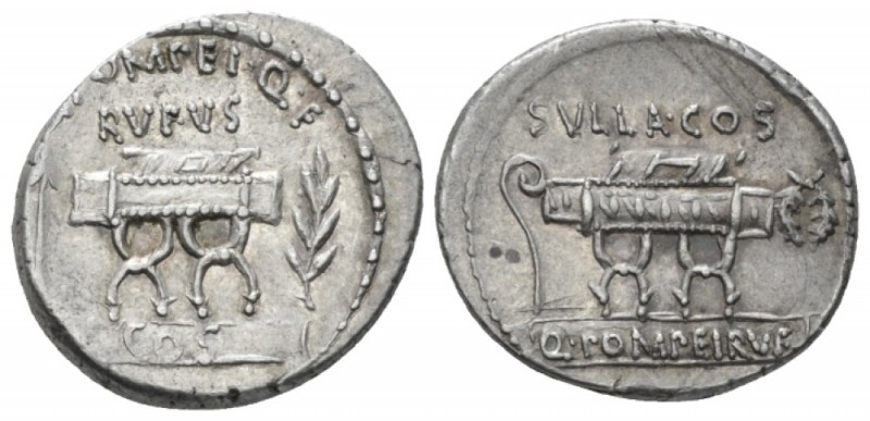 Q. Pompeius Rufus. Denarius 54, AR 18.5mm., 3.98g. Q·POMPEI·Q·F / RVFVS Curule c...