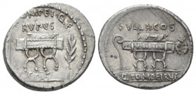Q. Pompeius Rufus. Denarius 54, AR 18.5mm., 3.98g. Q·POMPEI·Q·F / RVFVS Curule chair; on l., arrow and on r., laurel branch; below, COS on tablet. Rev...