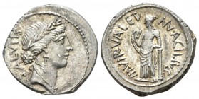 Mn. Acilius Glabrio. Denarius 49, AR 20.5mm., 3.92g. Laureate head of Salus r. Rev. Valetudo standing l., resting l. arm on column and holding snake i...
