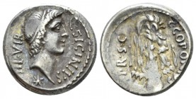 Q. Sicinius and C. Coponius. Denarius mint moving with Pompey 49, AR 17.5mm., 3.97g. Q·SICINIVS – III·VIR Head of Apollo r., hair tied with band; belo...