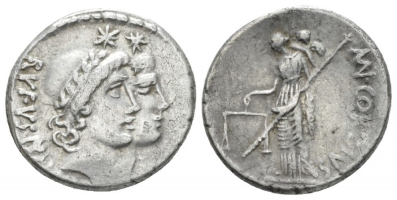 Mn. Cordius Rufus. Denarius 46, AR 18mm., 3.89g. RVFVS·III.VIR Jugate heads of D...