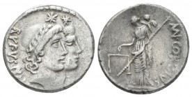 Mn. Cordius Rufus. Denarius 46, AR 18mm., 3.89g. RVFVS·III.VIR Jugate heads of Dioscuri r., wearing pilei decorated with fillet. Rev. MN. CORDIVS Venu...