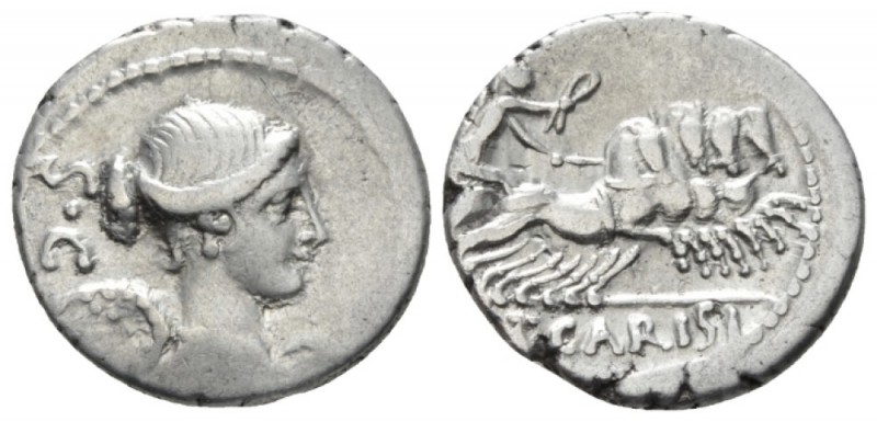 T. Carisius. Denarius 46, AR 17mm., 3.86g. Draped bust of Victory r.; behind, S·...