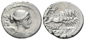 T. Carisius. Denarius 46, AR 17mm., 3.86g. Draped bust of Victory r.; behind, S·C. Rev. Victory in prancing quadriga r., holding reins and wreath; in ...