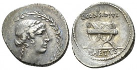 T. Considius Paetus. Denarius 46, AR 20mm., 3.62g. Laureate head of Apollo r. within laurel wreath. Rev. C·CONSIDIVS Curule chair on which lies wreath...