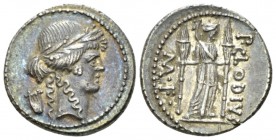 P. Clodius M. f. Turinus. Denarius 42, AR 18.5mm., 2.69g. Laureate head of Apollo r.; behind, lyre. Rev. P.CLODIVS – ·M·F Diana standing facing, with ...