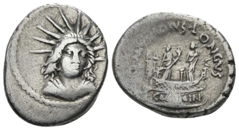 L. Mussidius T. f. Longus. Denarius 42, AR 16.5mm., 3.54g. Radiate and draped bu...