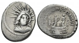 L. Mussidius T. f. Longus. Denarius 42, AR 16.5mm., 3.54g. Radiate and draped bust of Sol facing three-quarters r. Rev. [L]·MVSSIDIVS· LONGVS Shrine o...