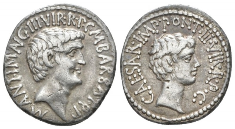 Marcus Antonius and C. Caesar Octavianus with M. Barbatius Denarius mint moving ...